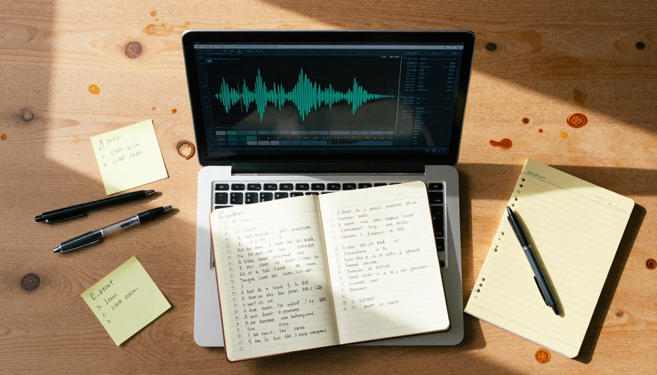 Aerial workspace view showing transcript notes and waveform audio on laptop Aerial workspace view showing transcript notes and waveform audio on laptop