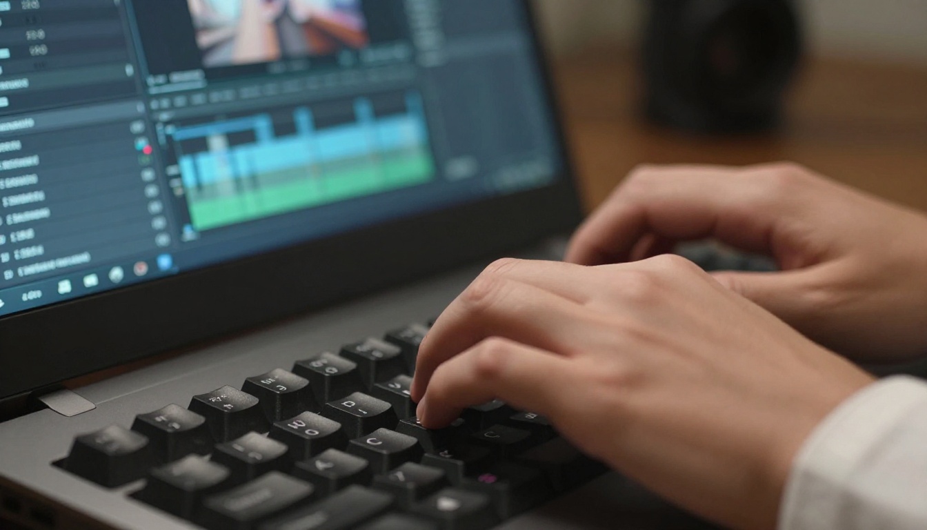 Close-up of hands typing on mechanical keyboard with chapter timestamp reflection on screen Close-up of hands typing on mechanical keyboard with chapter timestamp reflection on screen