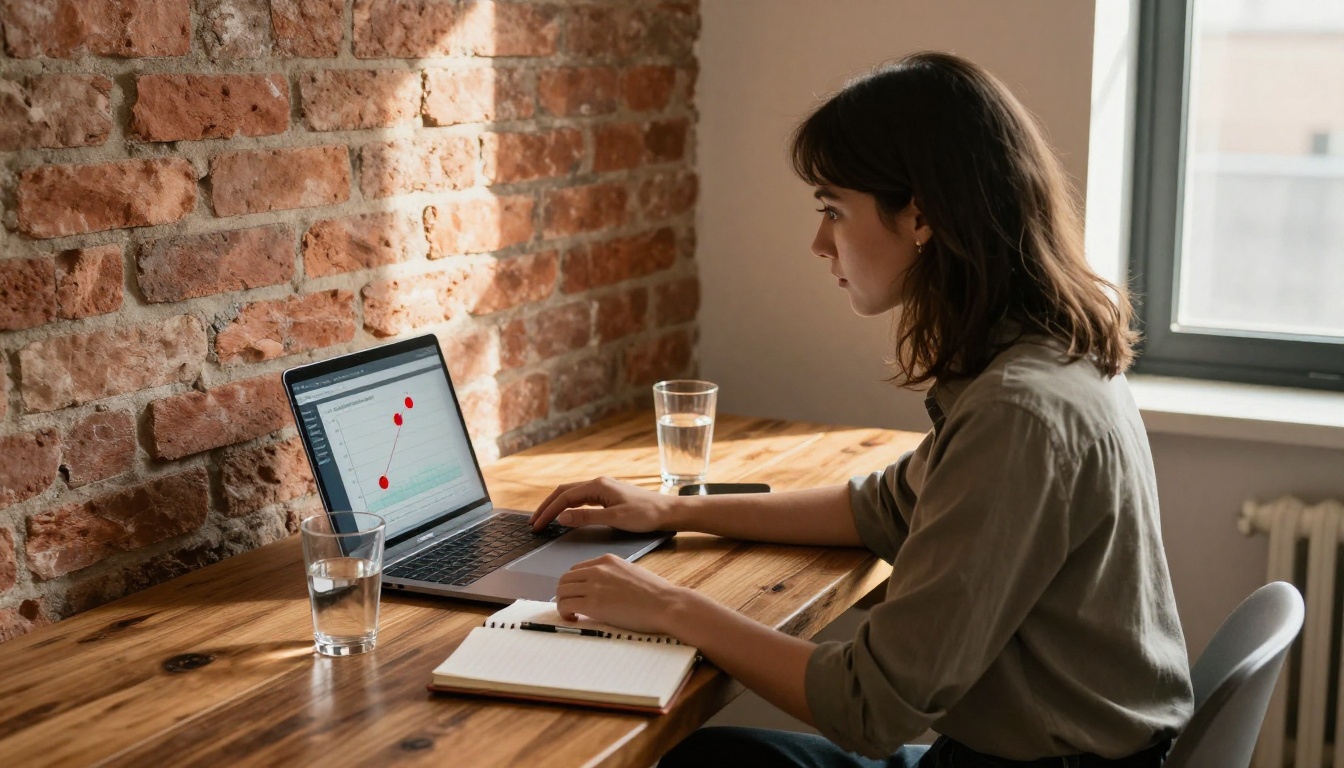 Young professional woman reviewing video chapter analytics on laptop in co-working space Young professional woman reviewing video chapter analytics on laptop in co-working space