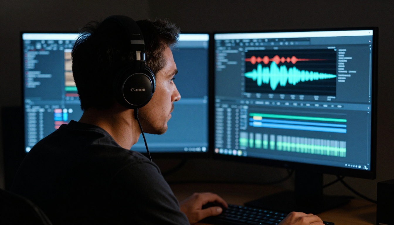 Man with over-ear headphones at dual-monitor editing workstation in Rembrandt lighting Man with over-ear headphones at dual-monitor editing workstation in Rembrandt lighting