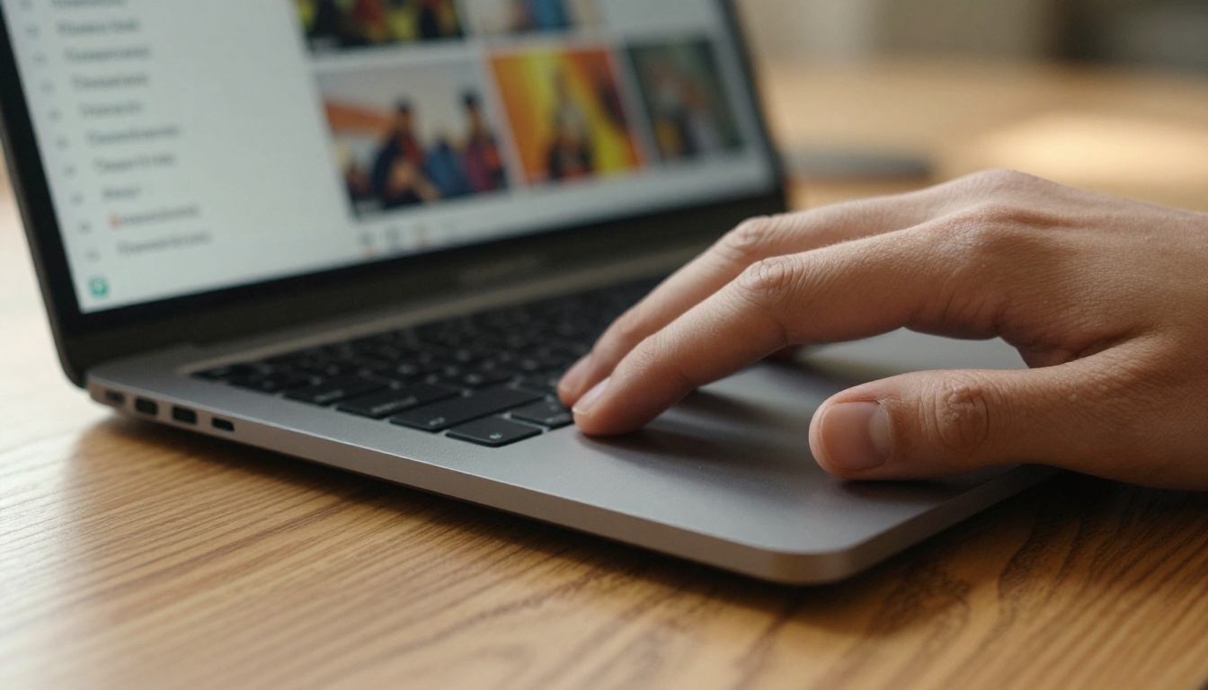 Hand on laptop trackpad navigating video chapter interface on warm oak wood surface Hand on laptop trackpad navigating video chapter interface on warm oak wood surface