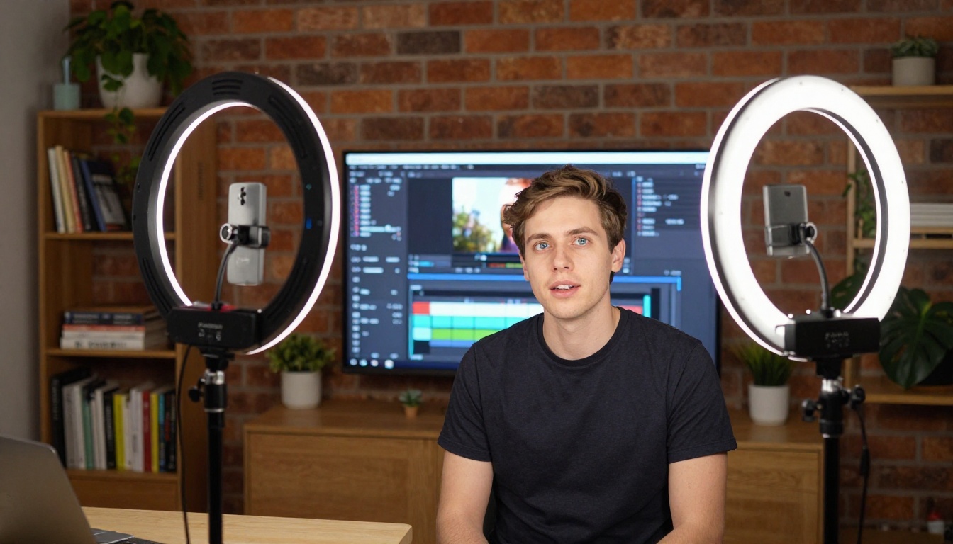 Content creator filming tutorial video in home studio with professional ring light Content creator filming tutorial video in home studio with professional ring light