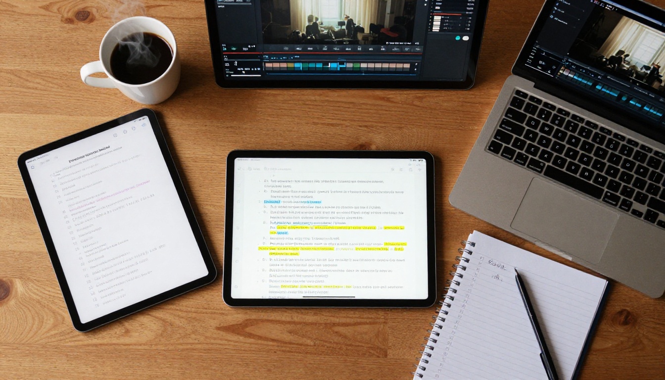 Overhead flat-lay of desk showing tablet with transcript, laptop with video chapters, handwritten timestamp notes, and black coffee Overhead flat-lay of desk showing tablet with transcript, laptop with video chapters, handwritten timestamp notes, and black coffee