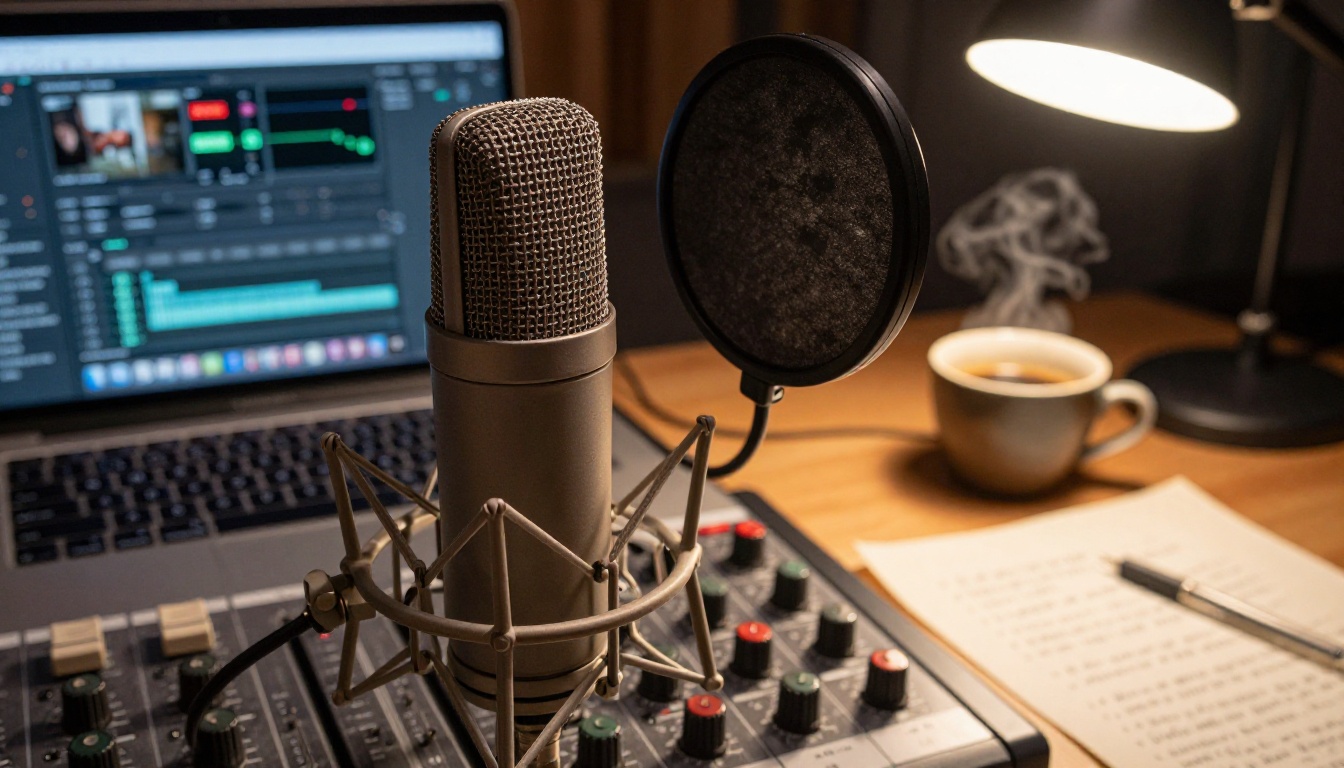A professional podcast workspace with microphone and editing software