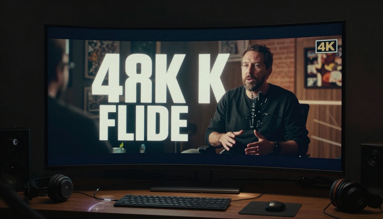 Wide shot of a podcast trailer playing on a large curved monitor
