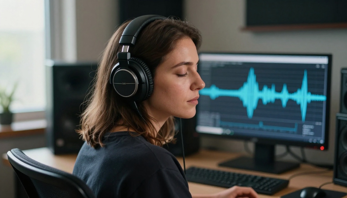Woman with headphones focused on audio waveform