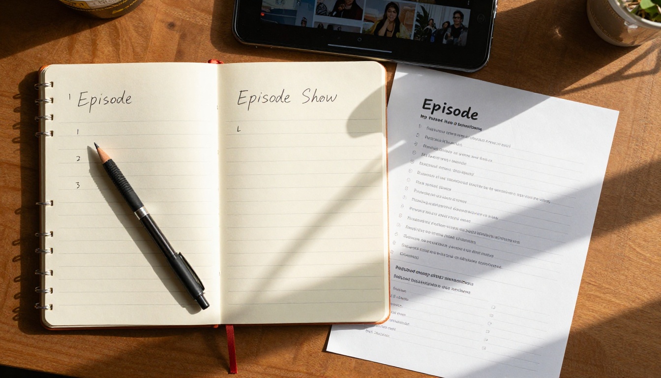 Overhead flatlay of podcast scripting notes and smartphone