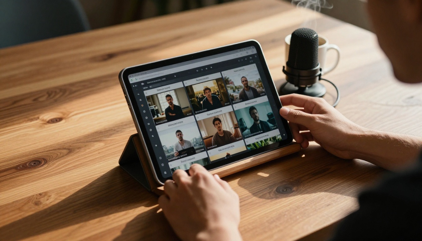 Hands scrolling AI video clips on a tablet beside a microphone