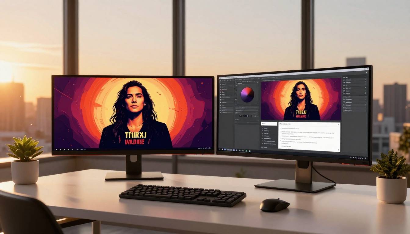 Dual ultrawide monitors showing podcast trailer design during golden hour