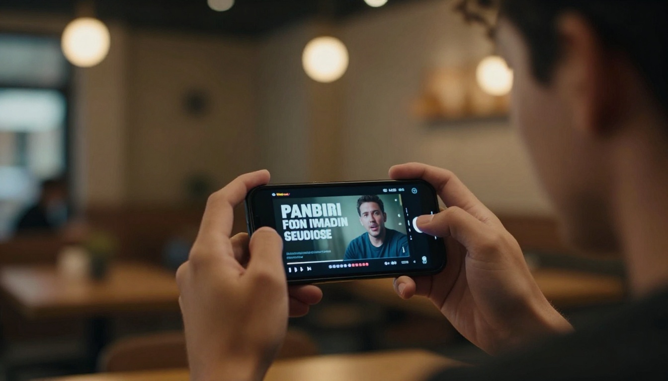 Young man watching a podcast trailer on his phone in a modern cafe