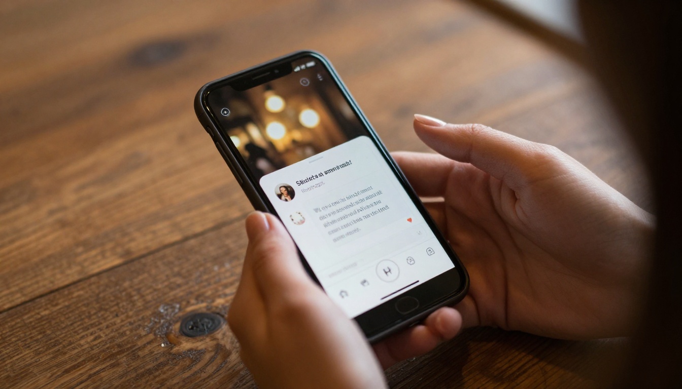 Woman holding smartphone displaying Instagram quote video at a wooden desk with warm morning light