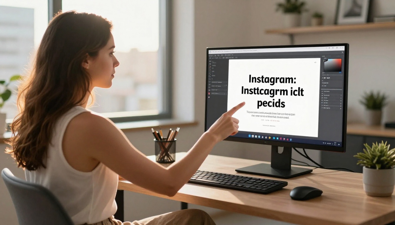Female content creator at a standing desk pointing at a monitor showing Instagram reels grid with text overlays