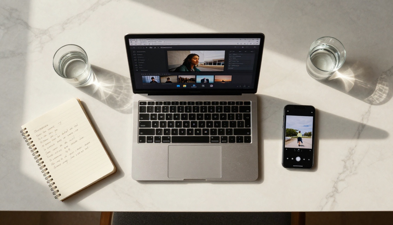 Overhead flat lay of marble desk with laptop showing AI video interface, smartphone with Instagram reel, and notebook with quote ideas