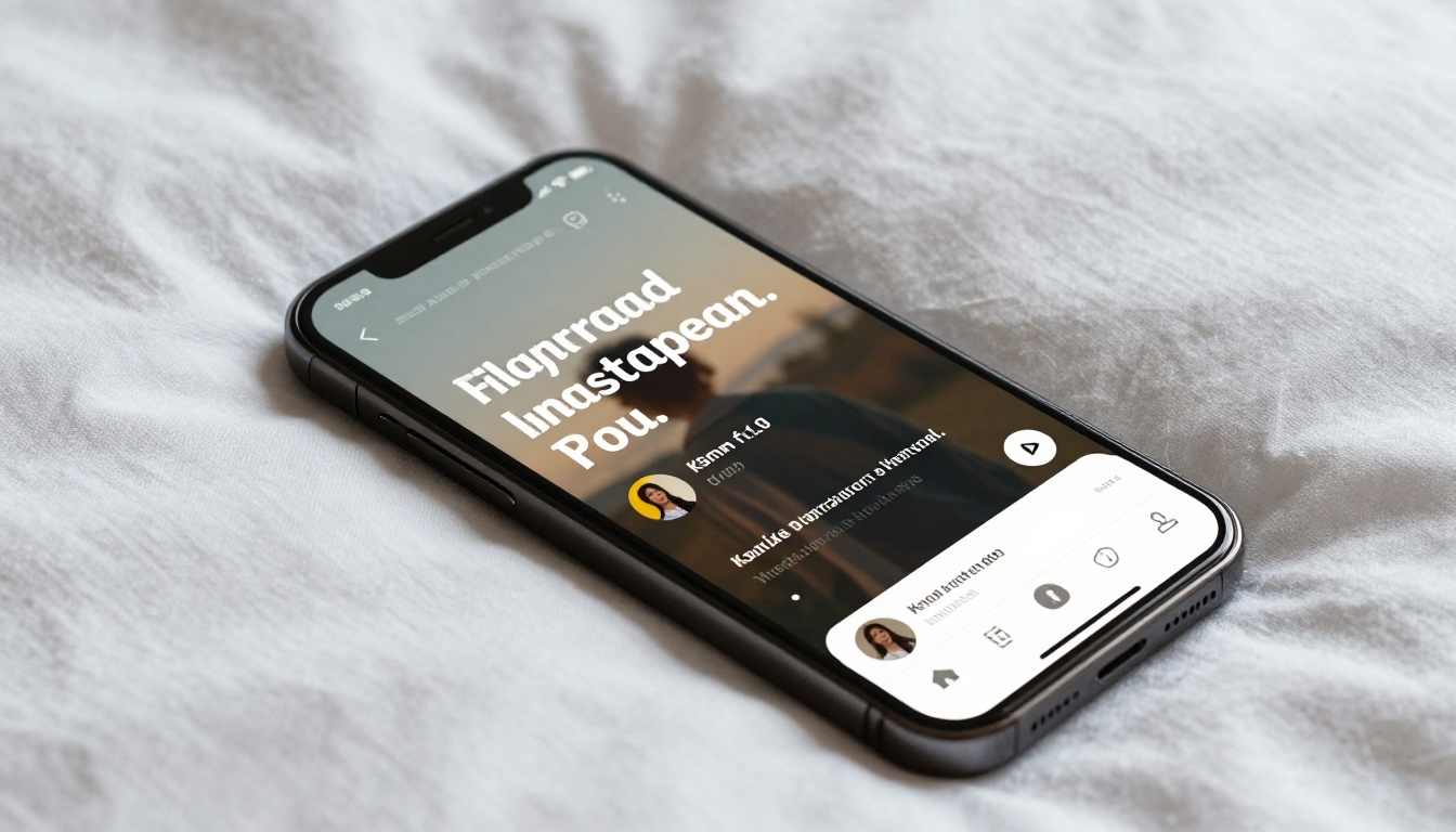 Close-up of smartphone screen displaying Instagram reel with bold quote typography over a cinematic background