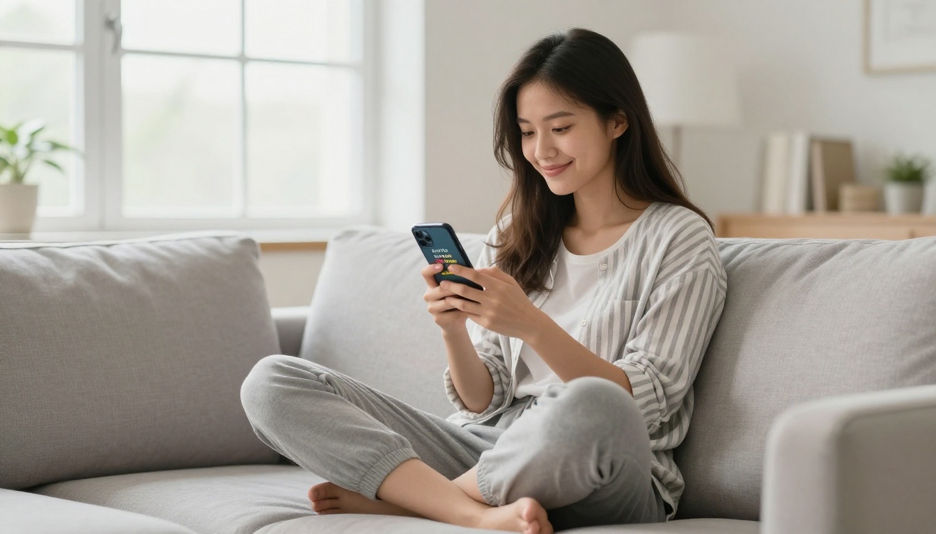 Young woman sitting cross-legged on gray sofa looking at phone screen showing Instagram quote video