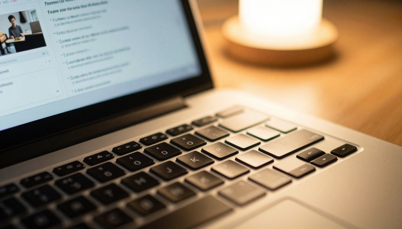 Extreme close-up of laptop keyboard with AI tool interface blurred on screen behind it, warm golden desk lamp light