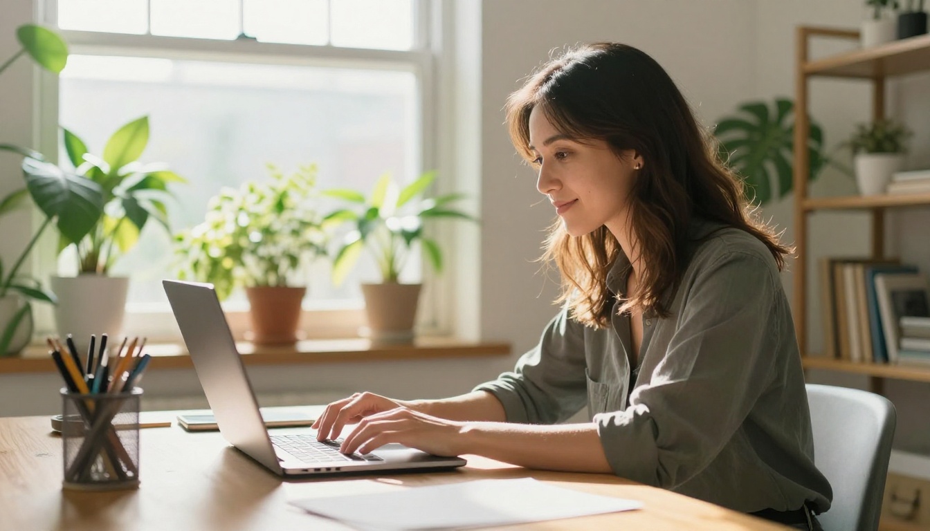 Low-angle shot looking up at a woman typing on a laptop in bright home studio with plants and backlit window light