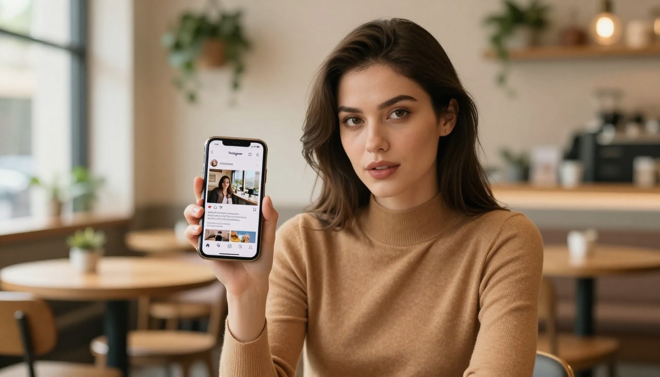 Stylish woman in café holding phone toward camera showing Instagram profile with quote video content, warm bokeh background