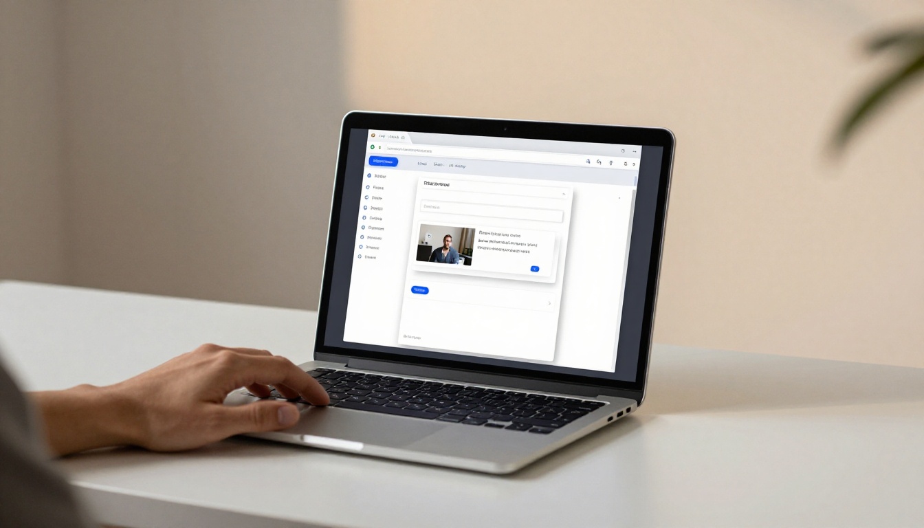 Side-view of laptop on minimalist white desk with AI video creation workflow interface showing text input and preview panel