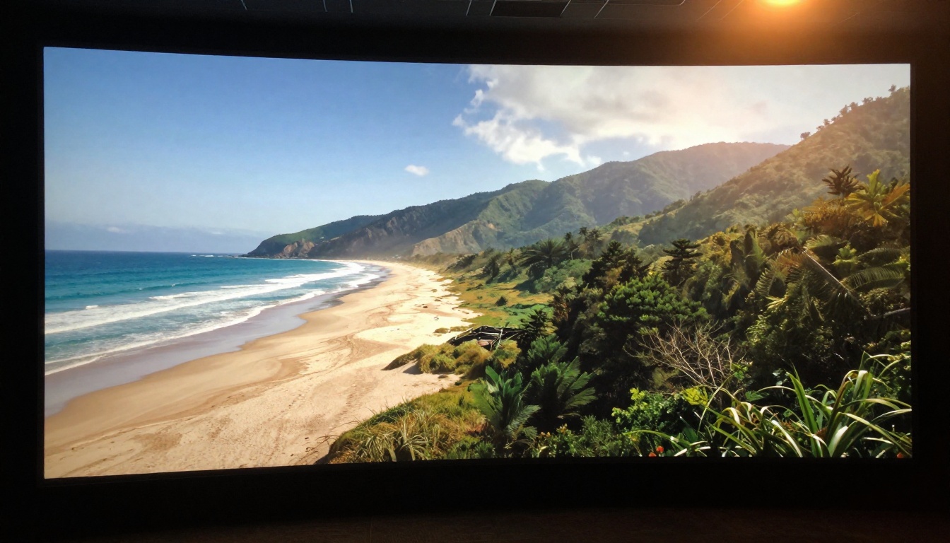 Cross-dissolve transition between two scenes displayed on a cinema monitor