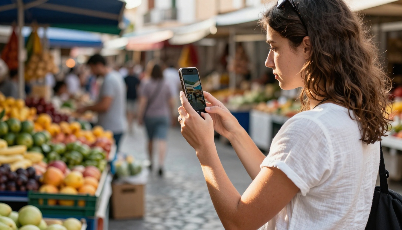 Young woman filming a travel vlog outdoors in a Mediterranean street market