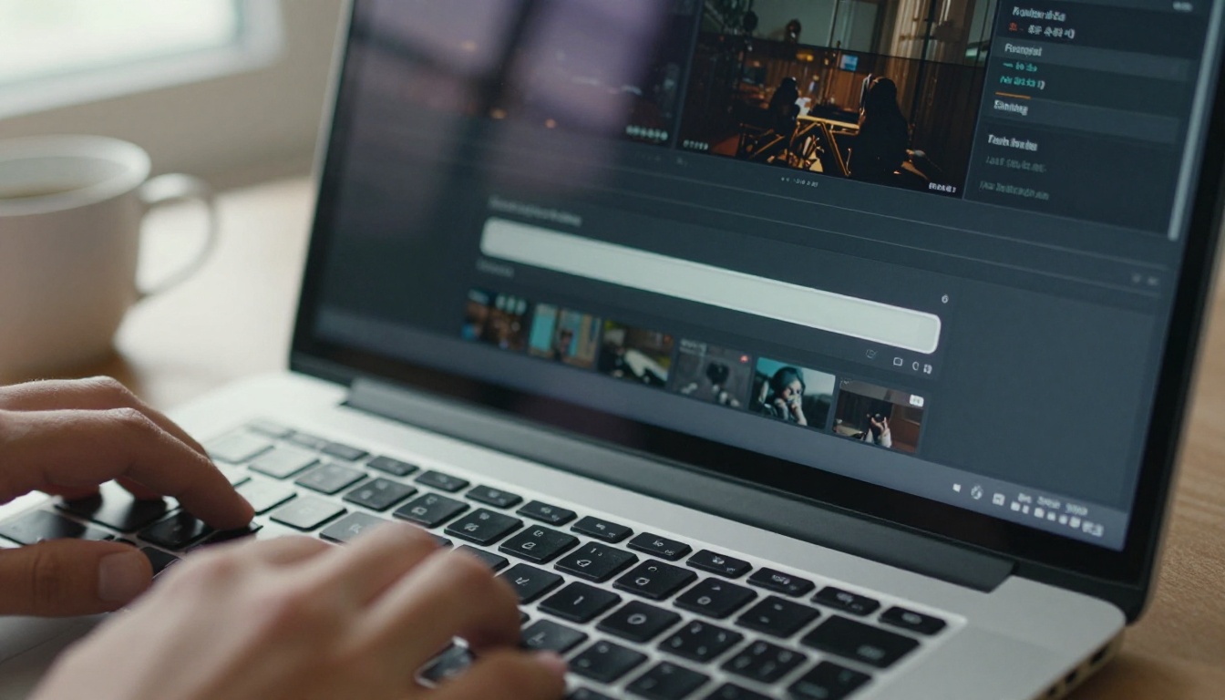 AI video processing interface on a laptop with transition preview thumbnails