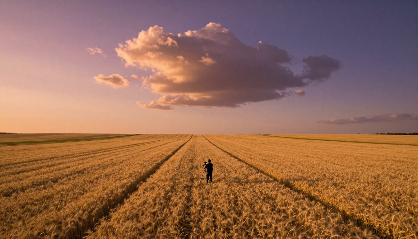 Aerial filmmaker in wheat field at golden hour