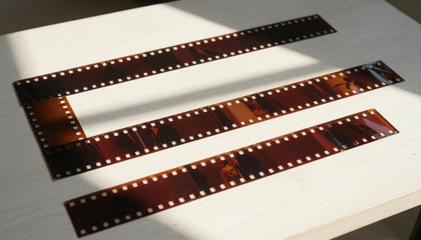 Vintage 35mm film strips on a wooden table with sequential frames blending between scenes