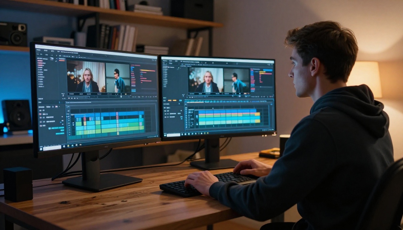 Creative video editor at a standing desk with dual ultra-wide monitors showing video timelines Creative video editor at a standing desk with dual ultra-wide monitors showing video timelines