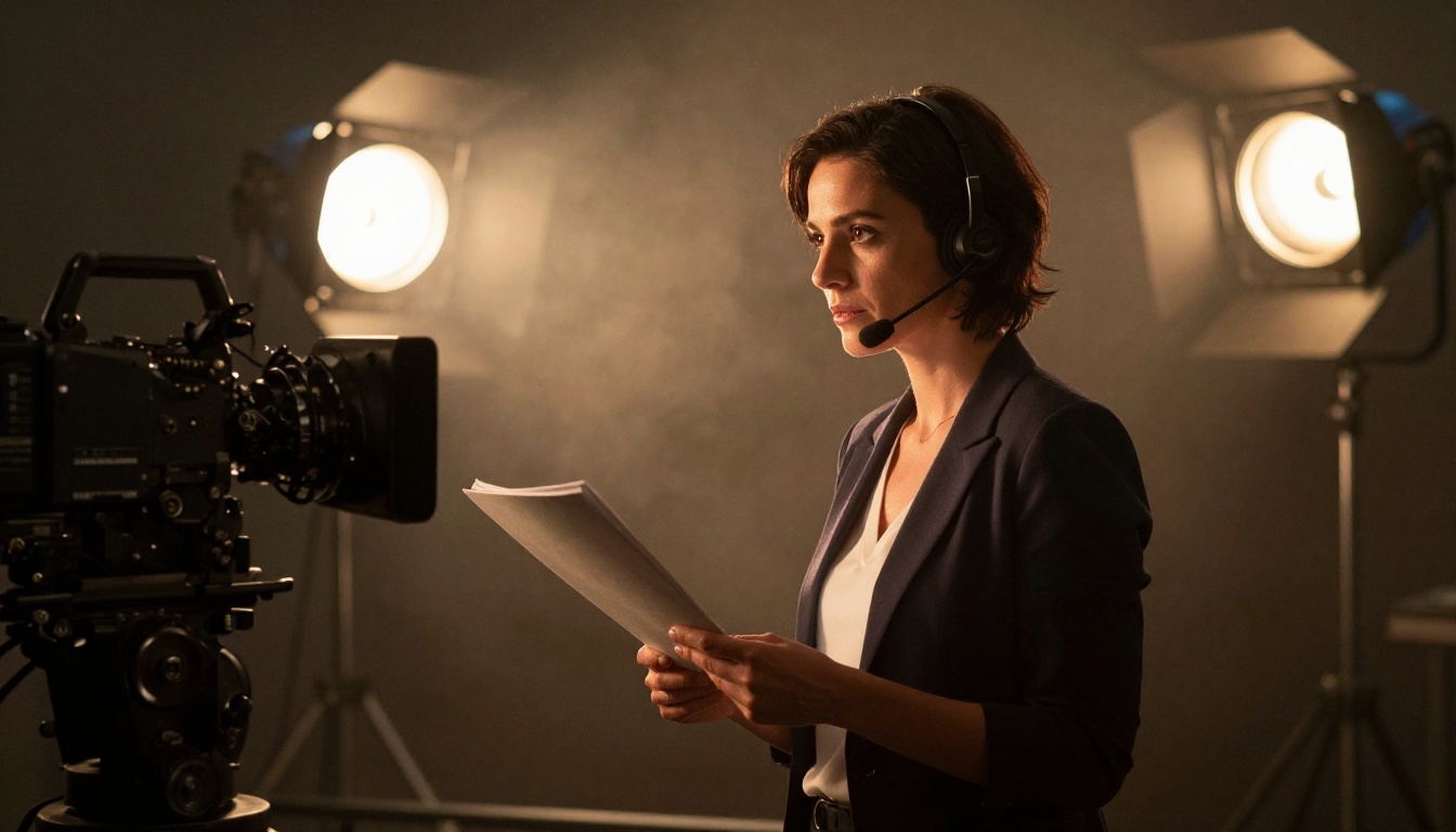 Film director on set with cinematic camera