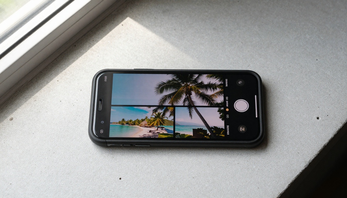 Smartphone displaying a smooth dissolve transition between two tropical scenes on screen Smartphone displaying a smooth dissolve transition between two tropical scenes on screen