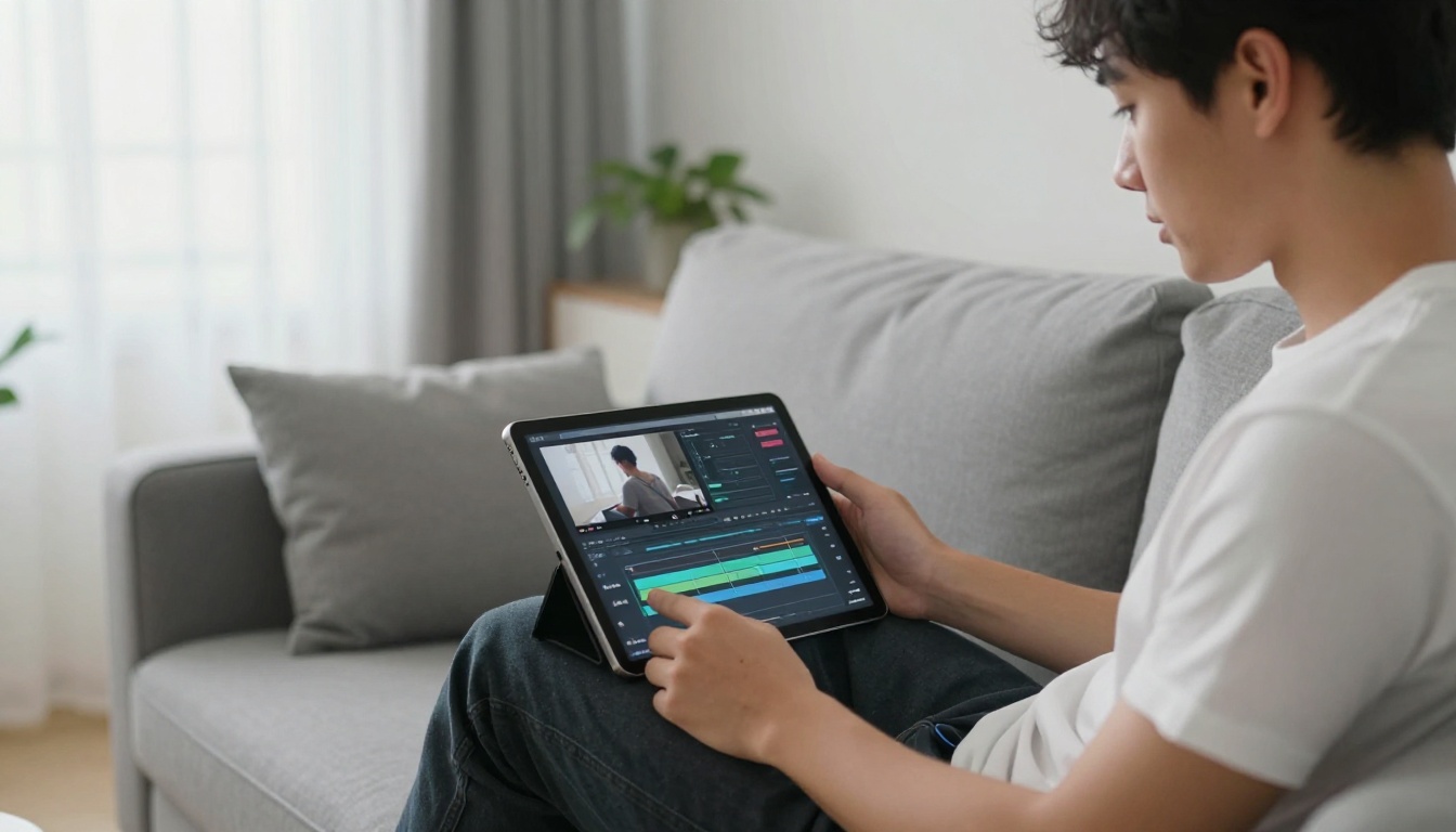 Content creator reviewing edited video on a tablet at home with natural window light Content creator reviewing edited video on a tablet at home with natural window light