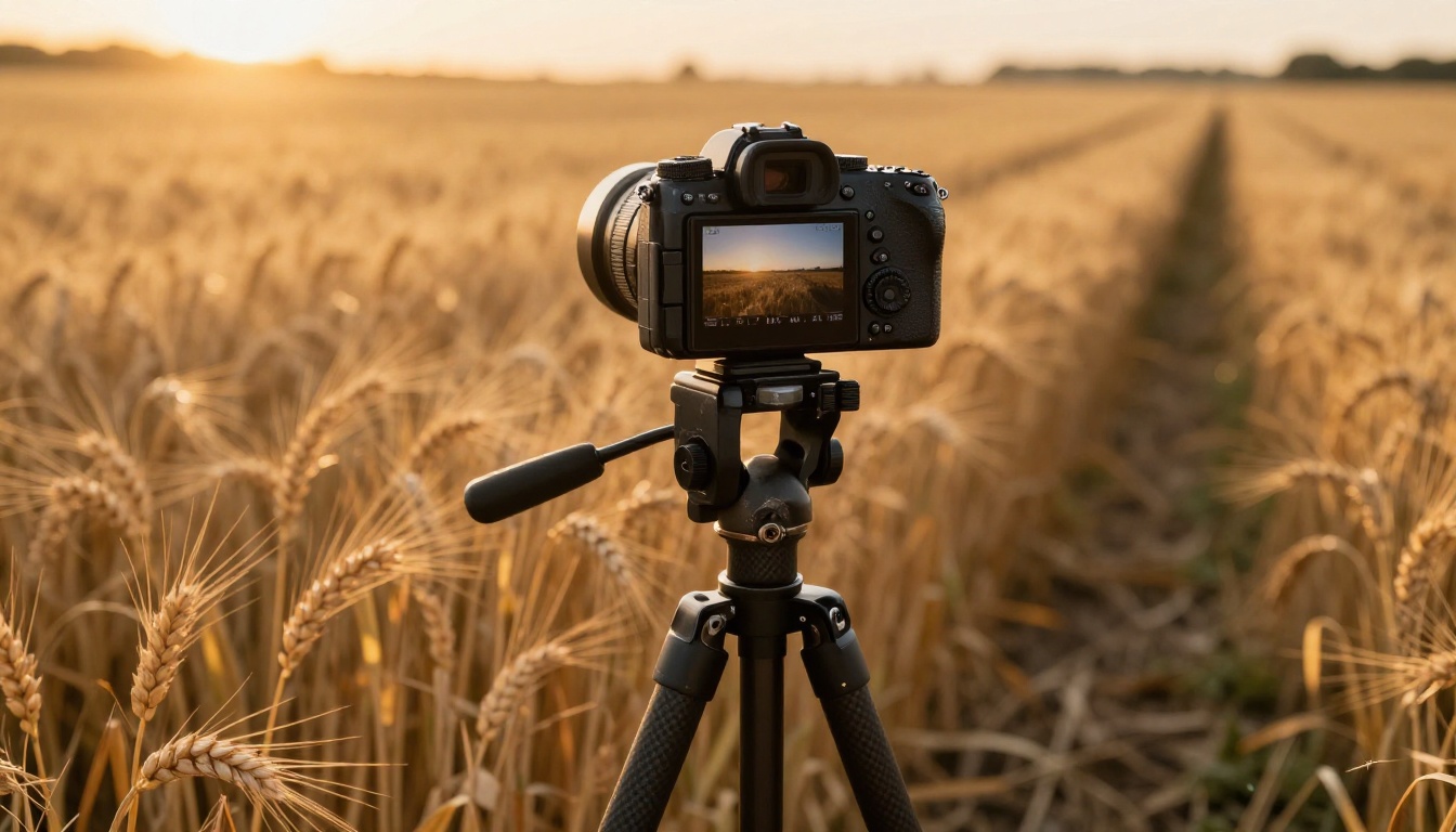 Professional mirrorless camera on a tripod in a golden hour wheat field with monitor overlay Professional mirrorless camera on a tripod in a golden hour wheat field with monitor overlay