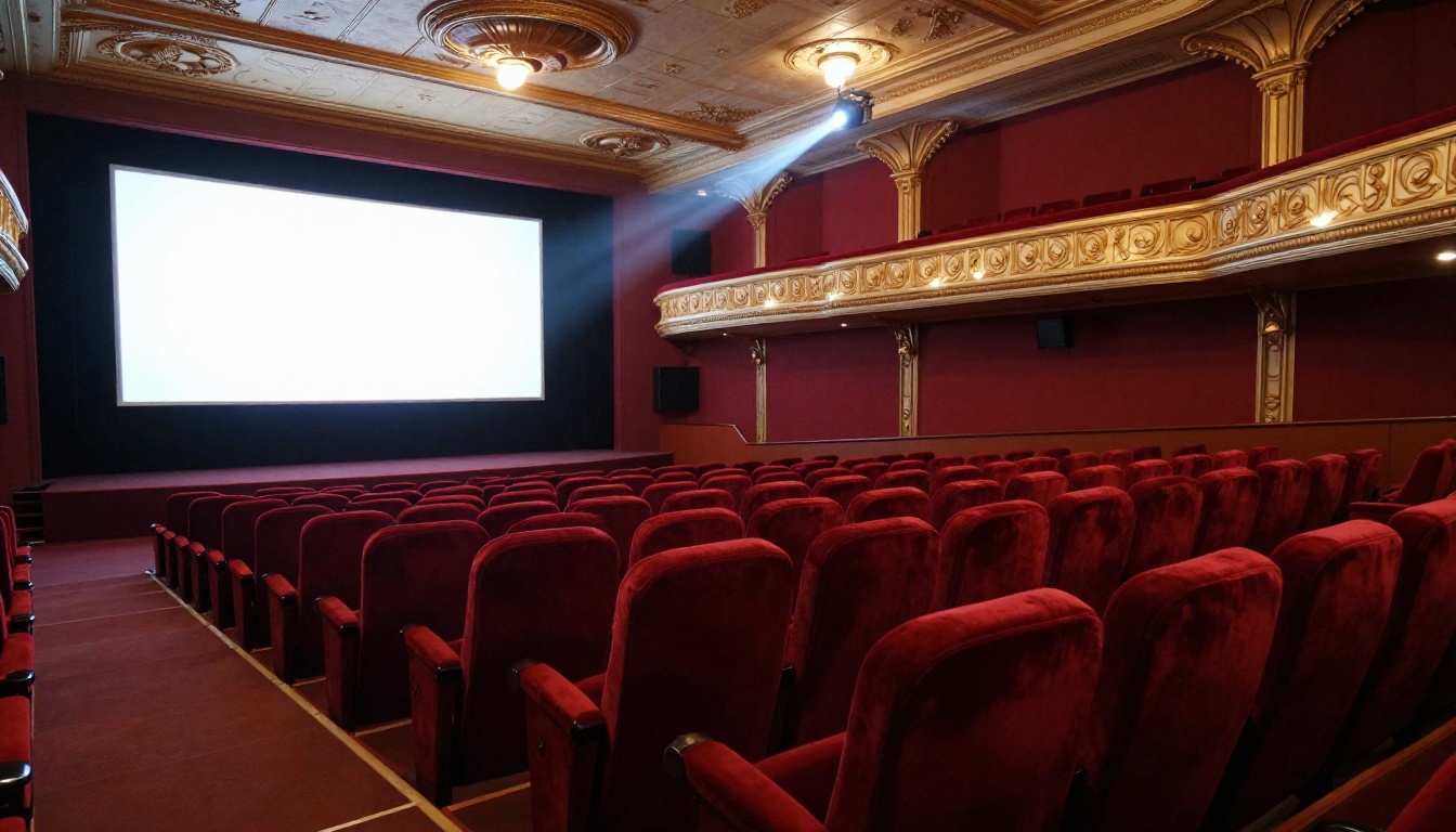 Empty cinematic movie theater with projection beam