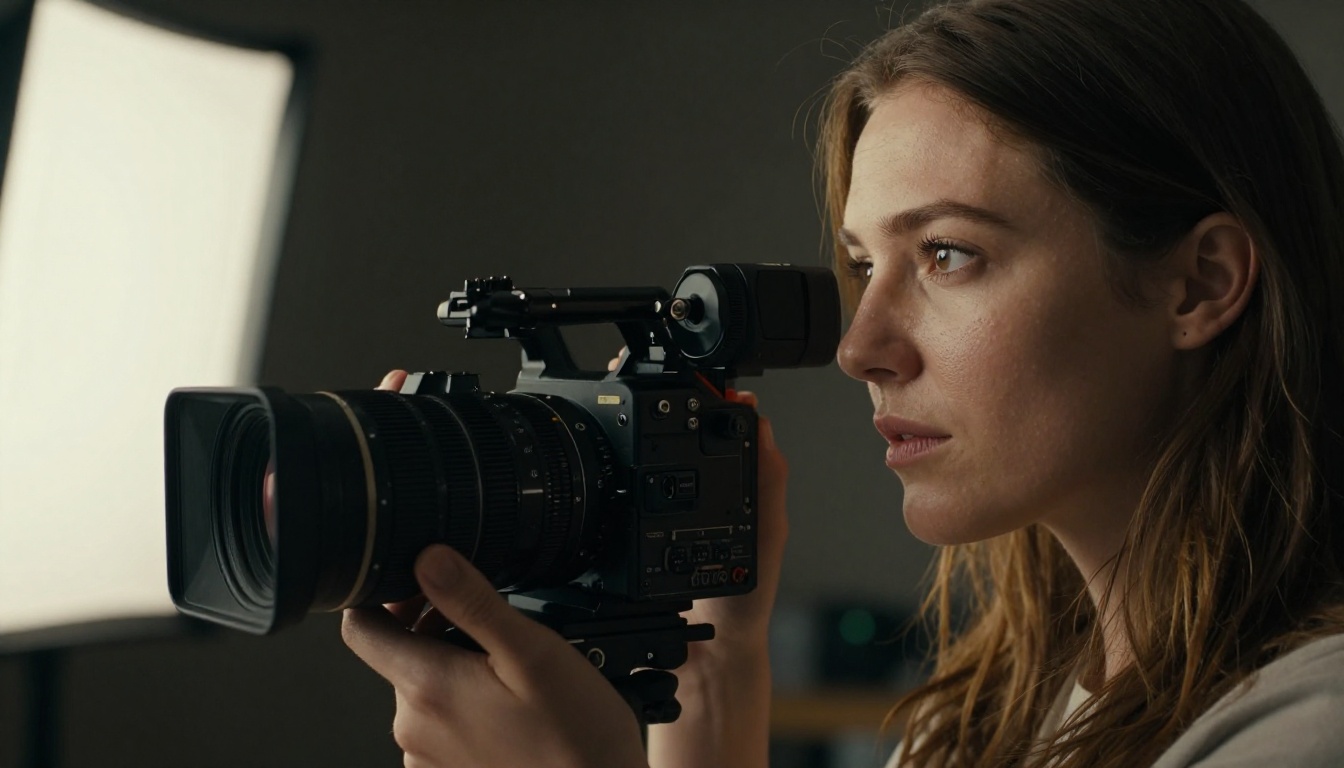 Female cinematographer looking through camera viewfinder
