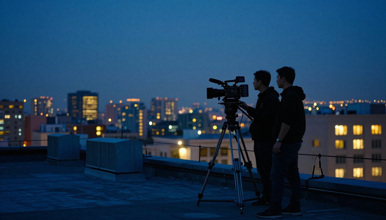 Film crew on rooftop at blue hour with city skyline