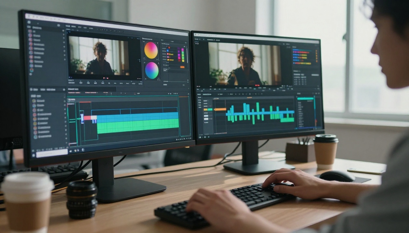 AI video editor at professional workstation with multiple monitors AI video editor at professional workstation with multiple monitors