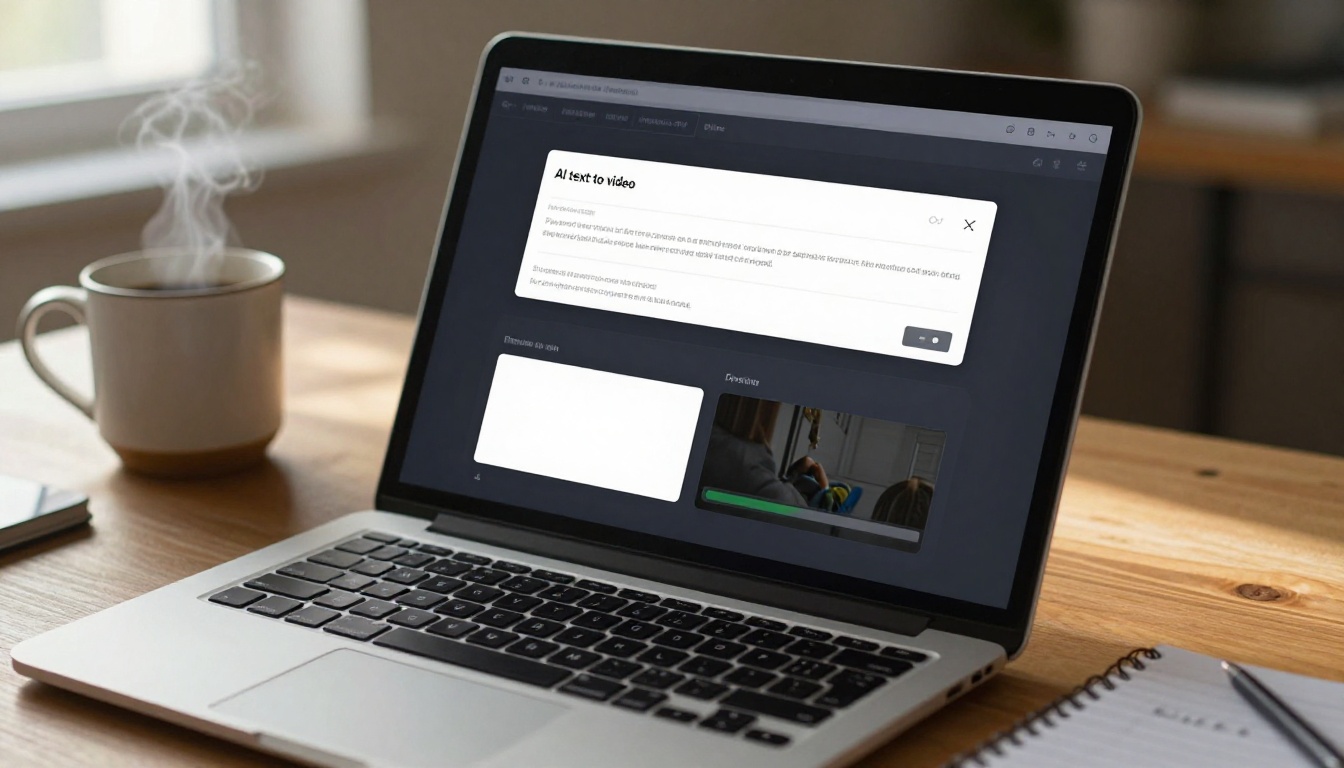 AI text-to-video interface on a laptop with prompt input field and loading preview