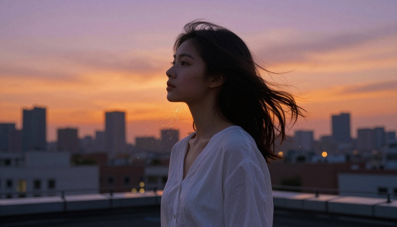 Person dissolving into particles on a rooftop at dusk against a city skyline Person dissolving into particles on a rooftop at dusk against a city skyline