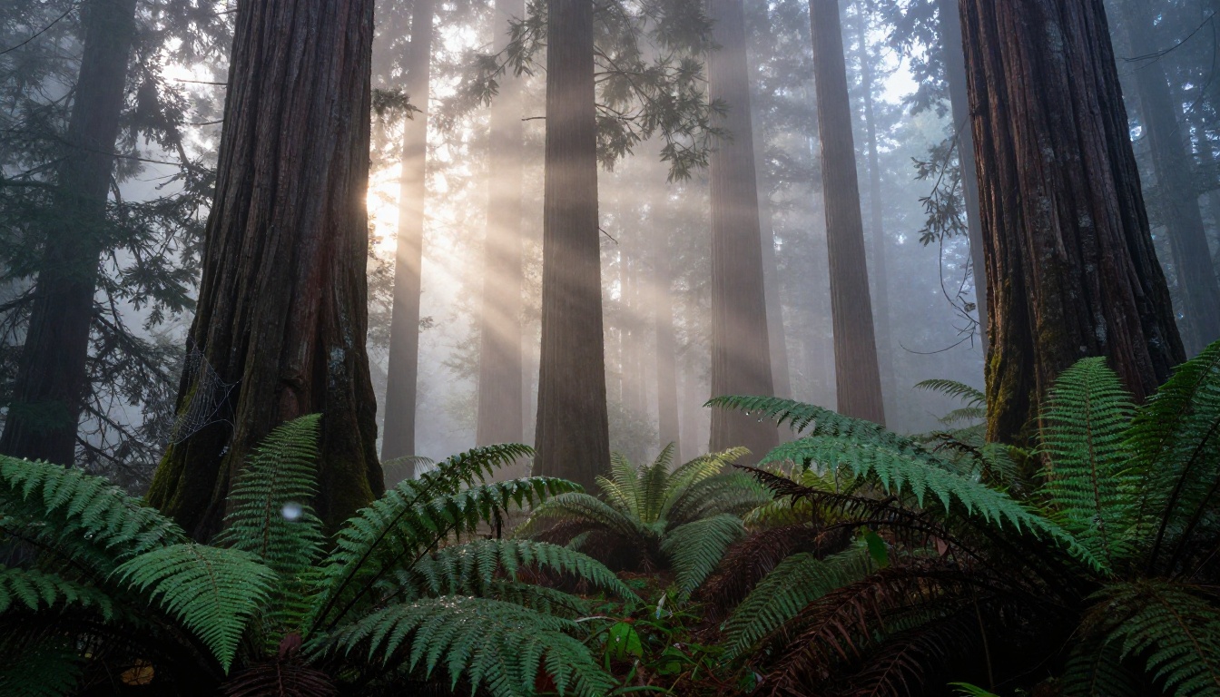 Dense morning fog rolling through an old-growth forest with volumetric golden light