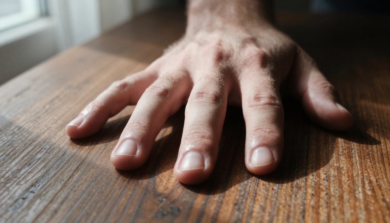 Close-up of a hand resting on weathered wood with precise contact shadows in each crevice Close-up of a hand resting on weathered wood with precise contact shadows in each crevice