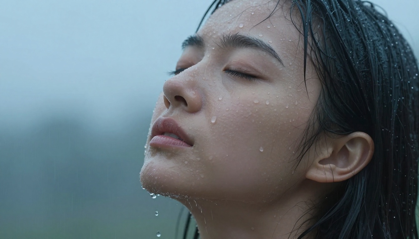 Extreme close-up portrait in heavy rain with large droplets on skin and eyelashes