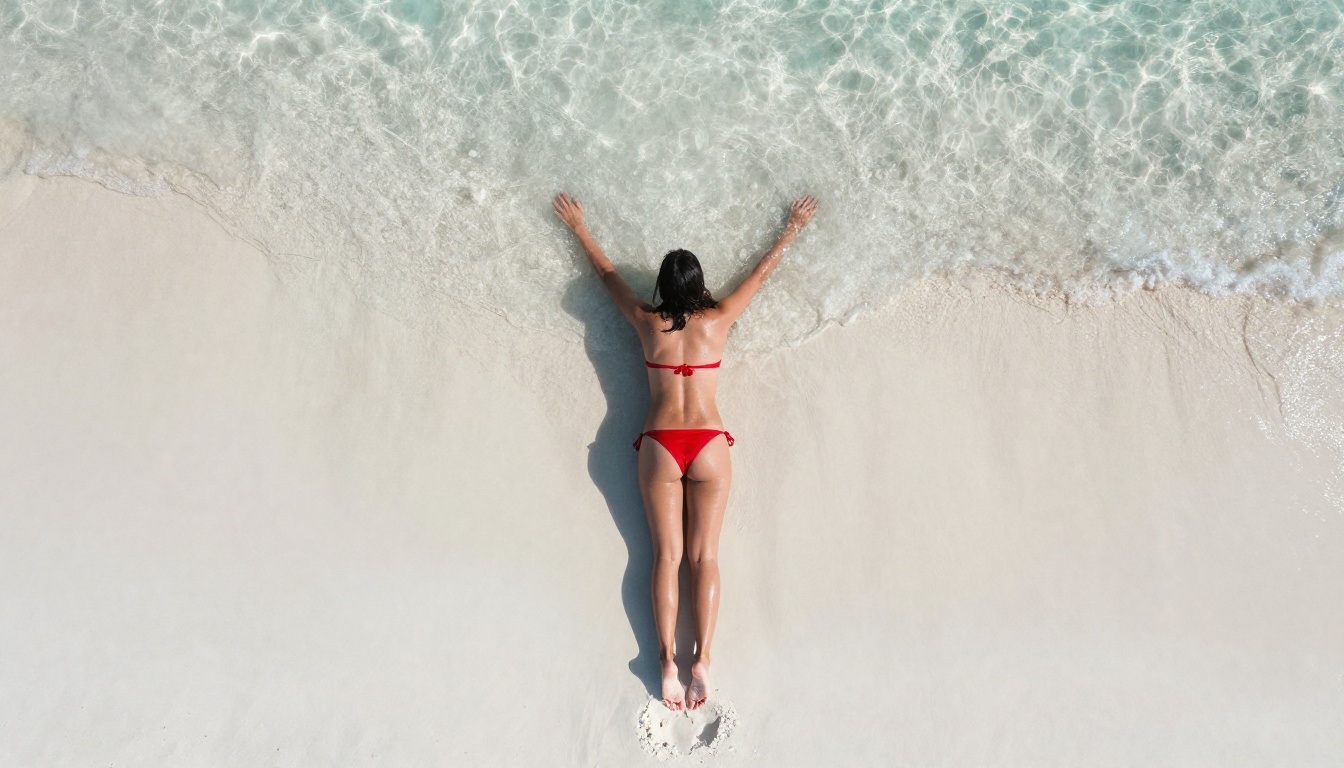 Aerial view of a woman in a red bikini on white sand, her body casting a perfectly proportioned overhead shadow Aerial view of a woman in a red bikini on white sand, her body casting a perfectly proportioned overhead shadow