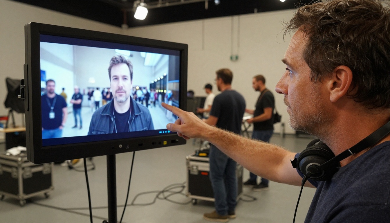 Film director on set pointing at a VFX monitor during production