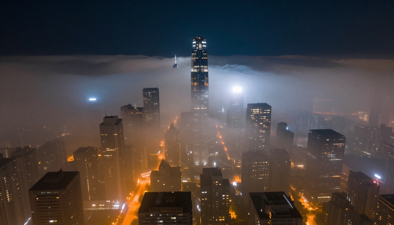 Aerial bird's-eye view of a fog-covered city at midnight with skyscrapers piercing the cloud layer