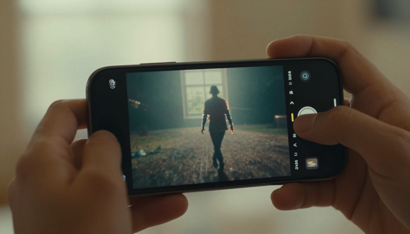 Smartphone displaying AI-generated cinematic still with atmospheric shimmer at body edges Smartphone displaying AI-generated cinematic still with atmospheric shimmer at body edges
