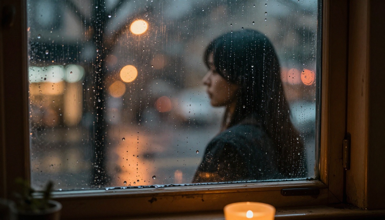 Interior view through a rain-streaked window with warm bokeh city lights and a woman's silhouette reflected in the glass