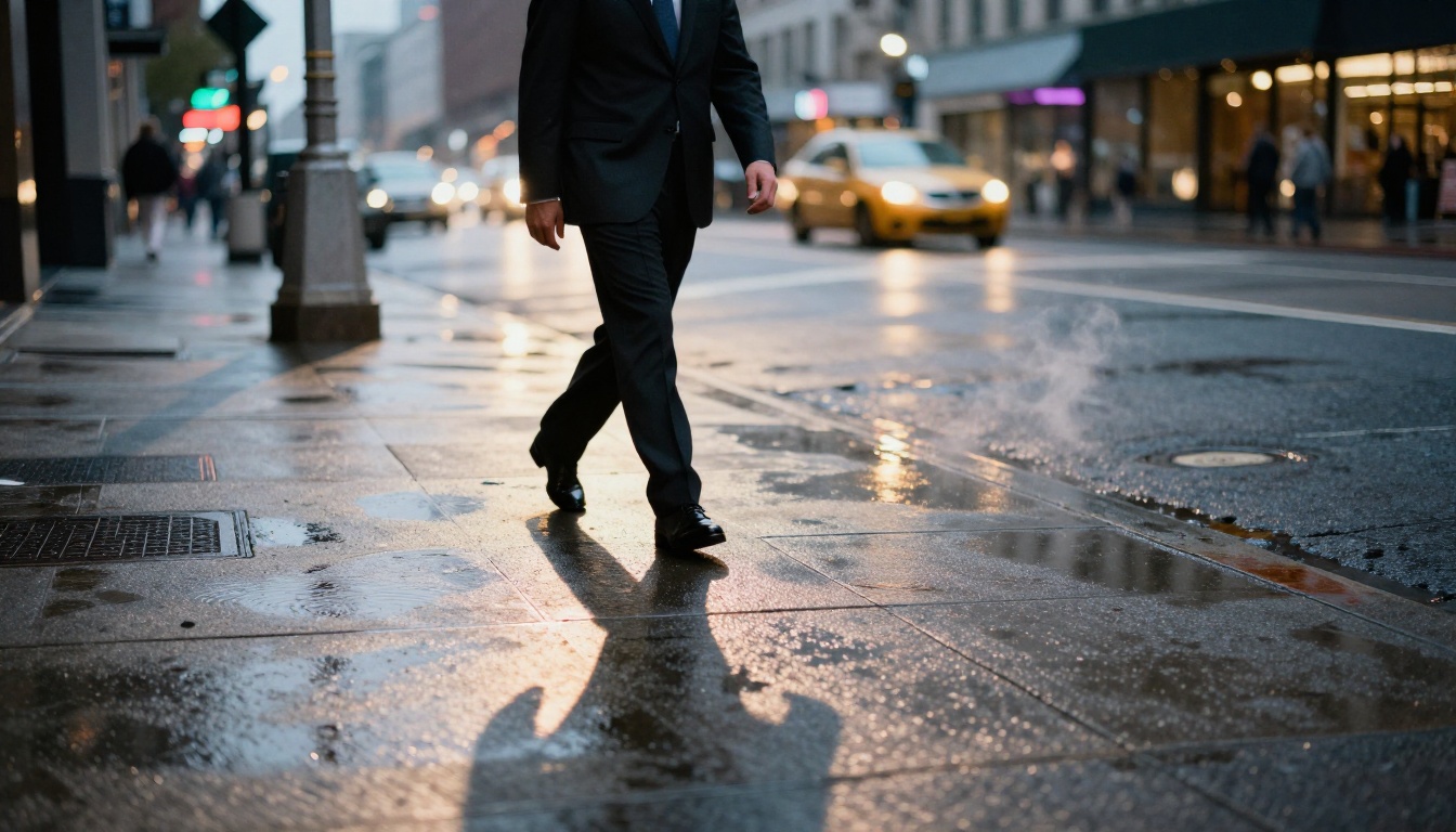 Businessman on a wet city sidewalk, his long shadow and reflection visible simultaneously on the rain-soaked pavement Businessman on a wet city sidewalk, his long shadow and reflection visible simultaneously on the rain-soaked pavement