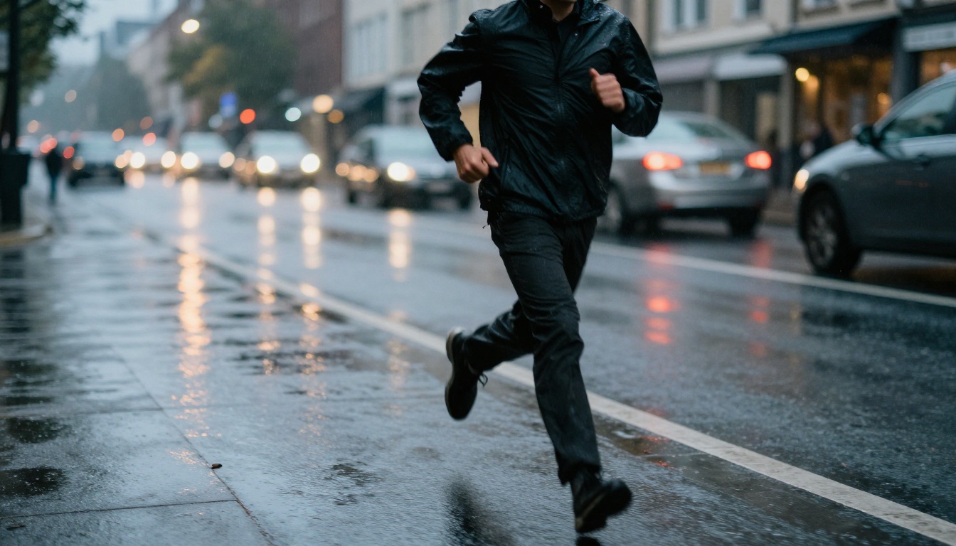 Person running on a rain-slicked city street at blue hour with atmospheric shimmer