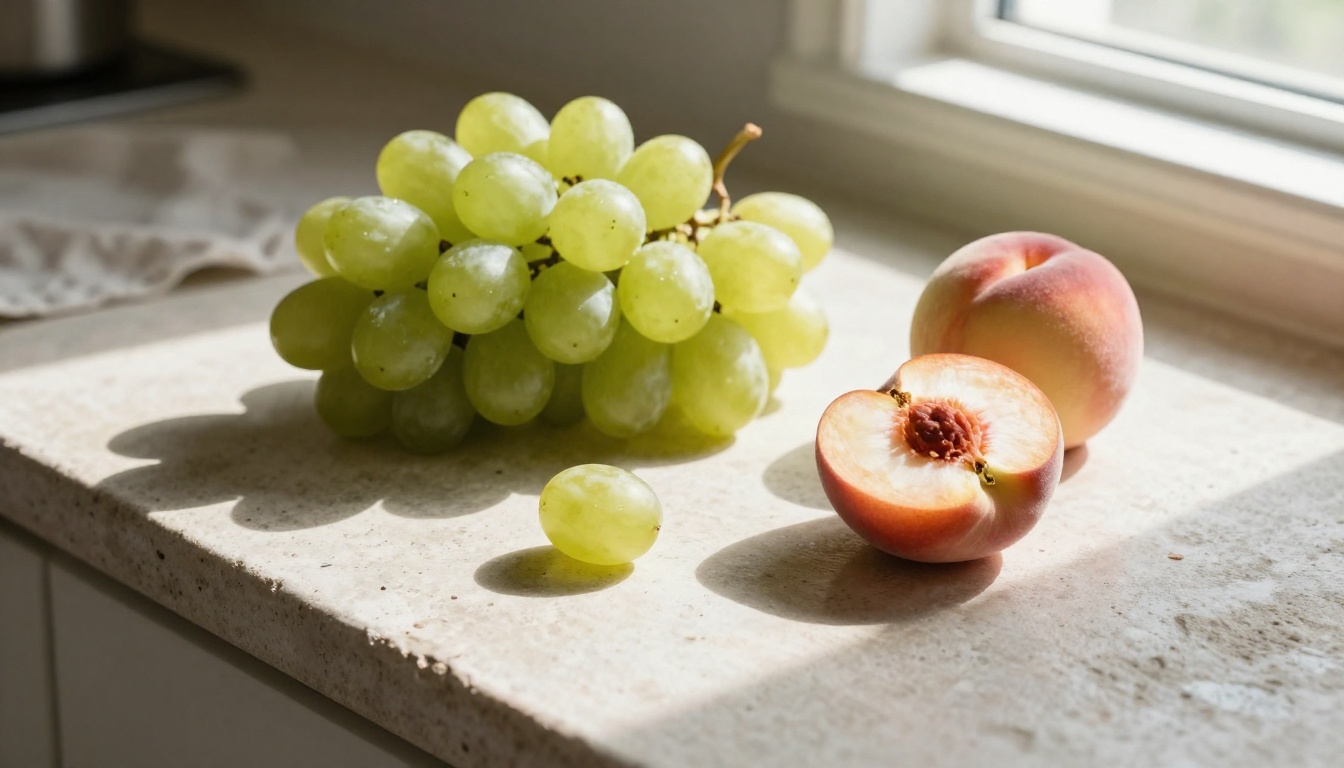 Still life of ripe summer fruits on a stone counter with soft directional shadows and visible contact shadow at each base Still life of ripe summer fruits on a stone counter with soft directional shadows and visible contact shadow at each base